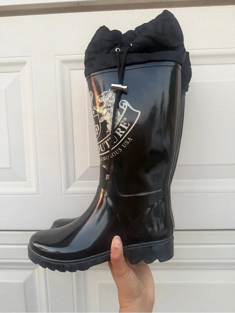 Juicy Couture Black Glossy Logo Rain Boots with Drawstring Shaft